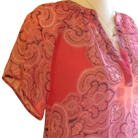 Butterfly Sleeve Sheer V-Neck Coral Top - Picture 2 of 10